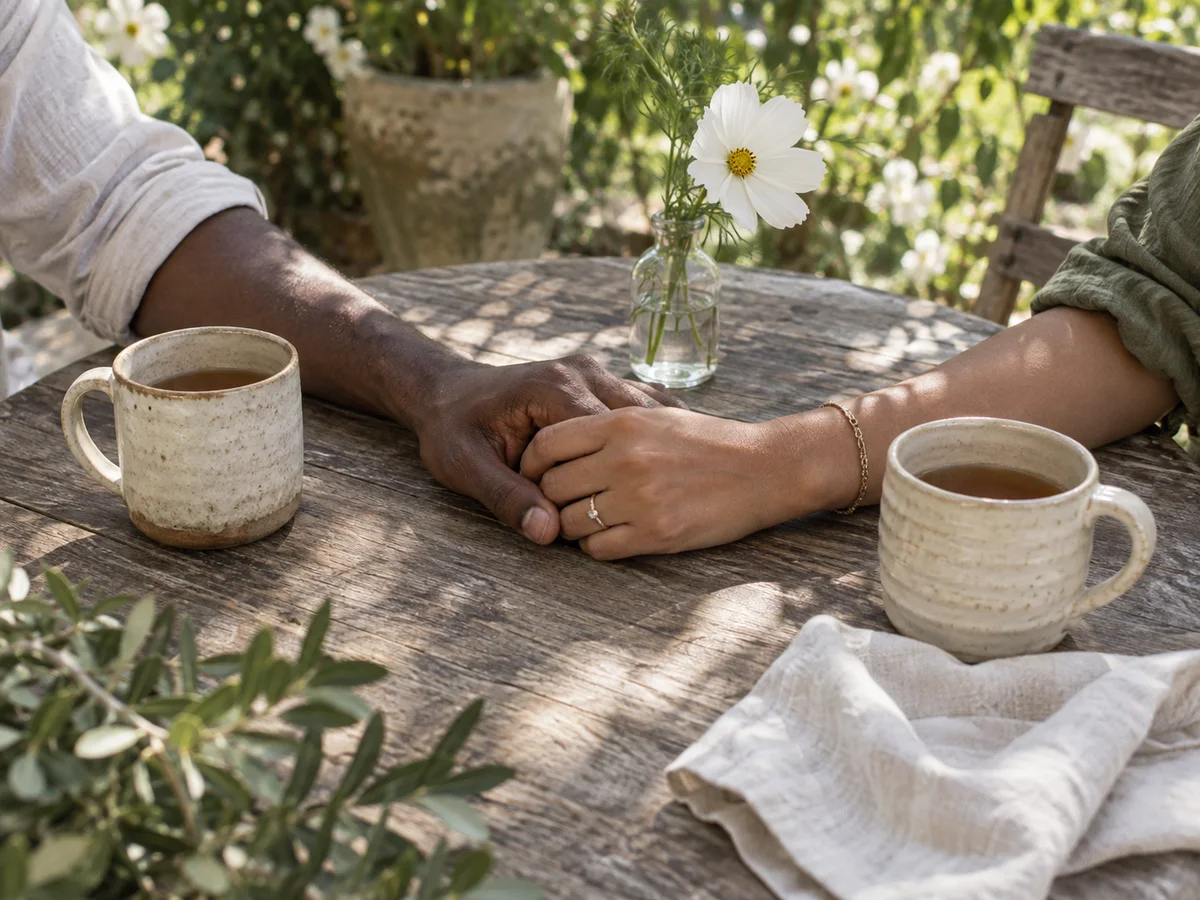 Two partners holding hands over cups of tea at a sunlit garden table.