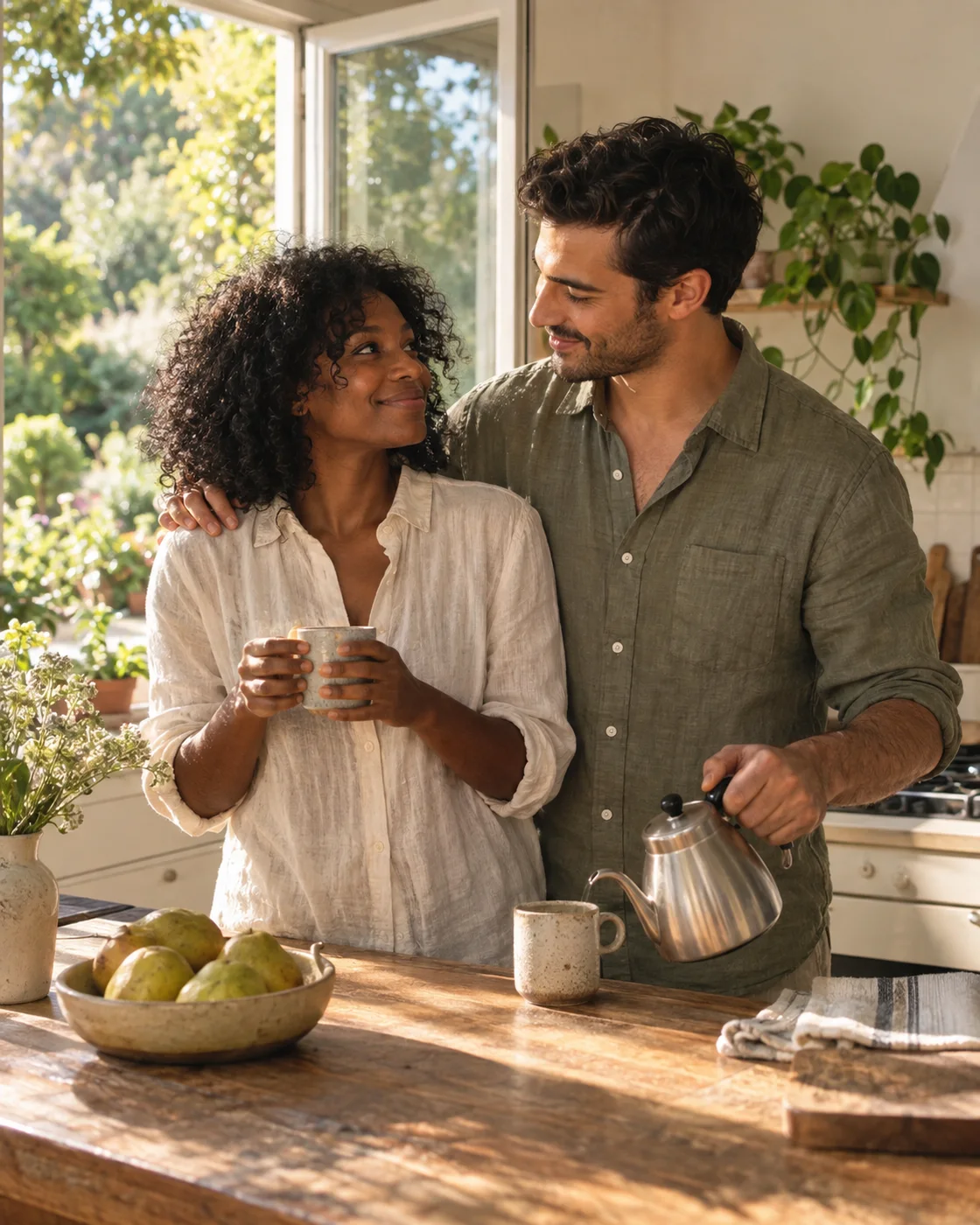A couple sharing a quiet smile as they make tea in their sunlit kitchen.